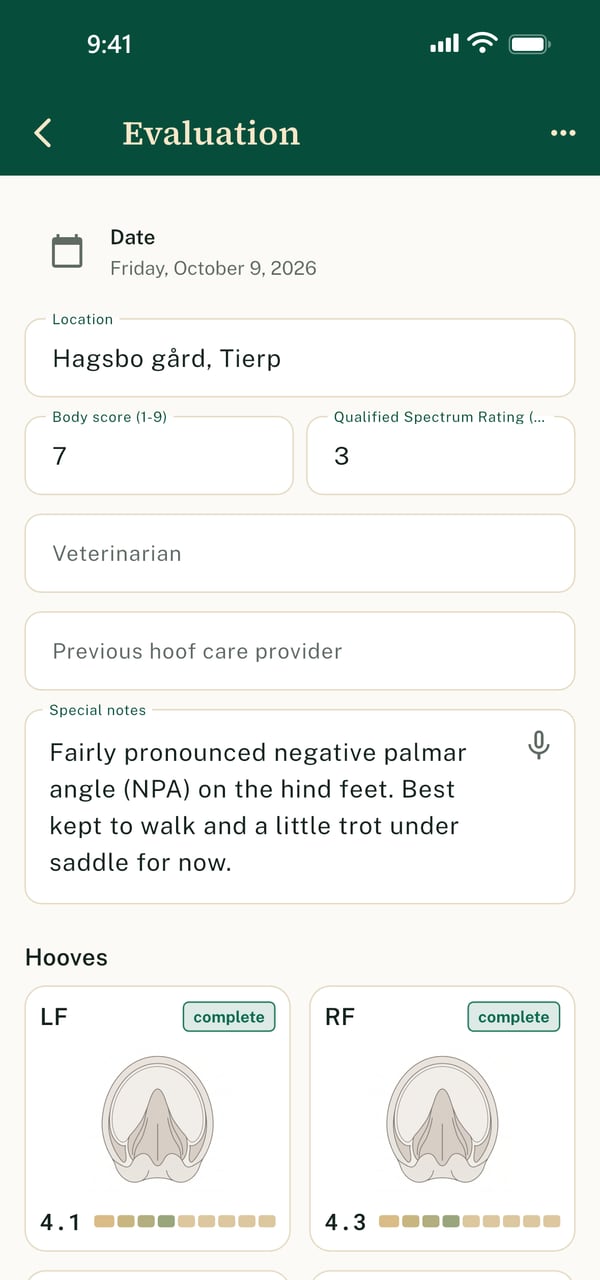 A hoof assessment with all four hooves in the app